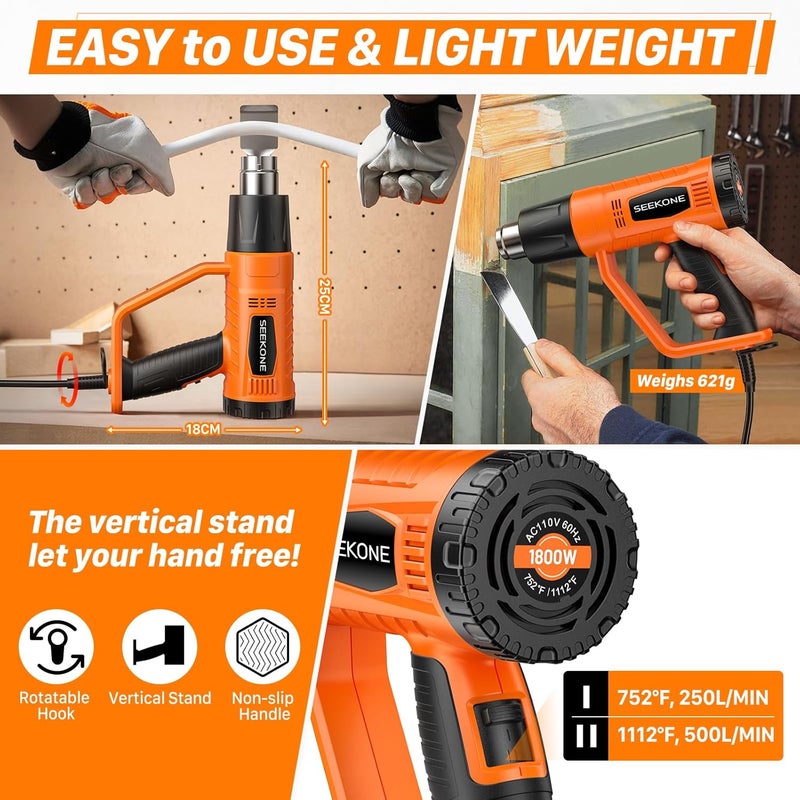 SEEKONE Heat Gun 1800W Heavy Duty Fast Heat Hot Air Gun Kit with 752℉&1112℉（400℃-600℃） Dual-Temperature Settings and 4 Nozzles with Overheat Protection for Crafts, Shrinking PVC, Stripping Paint - Image 3