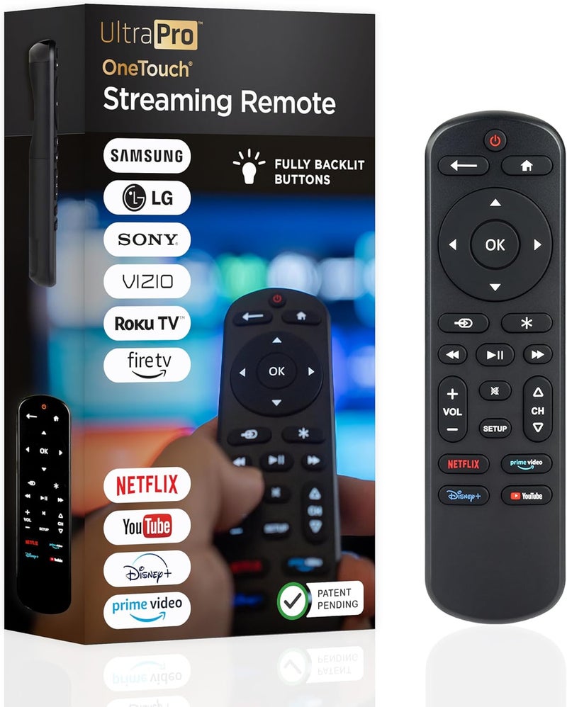الترا برو جهاز تحكم عن بعد عالمي من OneTouch لتلفزيونات سامسونج، جهاز تحكم عن بعد عالمي لتلفزيونات LG الذكية، بديل لجهاز تحكم Roku، تلفزيونات Vizio، تلفزيونات سوني، مضاء من الخلف، لون أسود، رقم المنتج: 83758 - Image 1