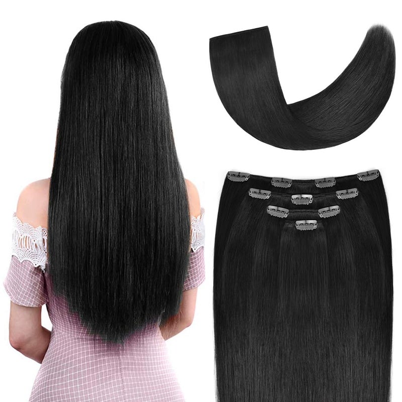 Winsky 14" Clip in Hair Extensions Real Human Hair for Women - Silky Straight Jet Black Human Hair Clip in Extensions 50grams 4pieces #1 Color - Image 1