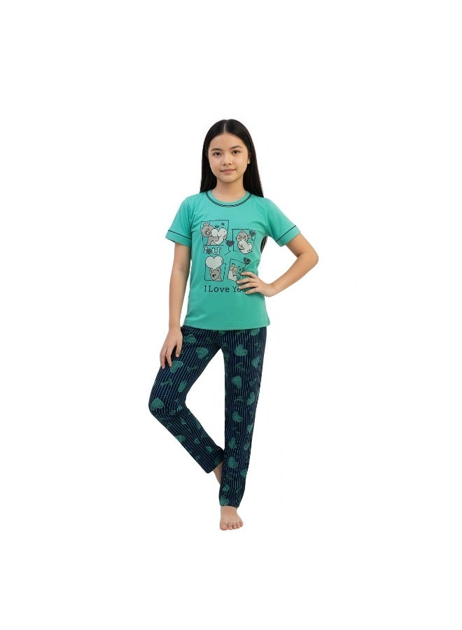 جوانا طقم بيجاما بناتي بطبعة أحبك، قميص بأكمام قصيرة وبنطال طويل، أخضر نعناعي - Image 5
