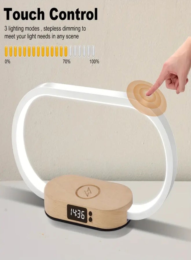 ارواق قاعدة شحن لاسلكية 10 واط مع مصباح مكتب LED قابل للتعديل (3000K/4500K/6000K) – ضوء ليلي، ساعة رقمية، منفذ USB، تحكم باللمس – تصميم أنيق للآيفون، سامسونج، شاومي والساعات الذكية - Image 2