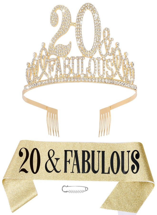 Hapdoo 20th Birthday Decorations for Women, 20th Birthday Gifts Sash and Crown for Women Set, 20 & Fabulous Party Supplies, Gold - Image 1