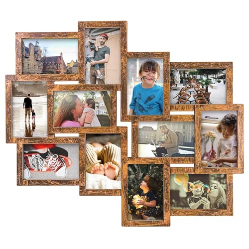 J.M.Deco Picture Frames Collage 12-Opening Reunion Friends Family Memory Photo Frames for Wall Decor Photo Frame Selfie Gallery Puzzle Collage Wall Hanging for 4x6 Photo, Brown - Image 1