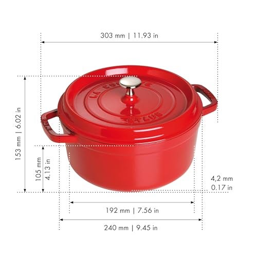 STAUB Cast Iron Dutch Oven 4-qt Round Cocotte, Made in France, Serves 3-4, Cherry - Image 3