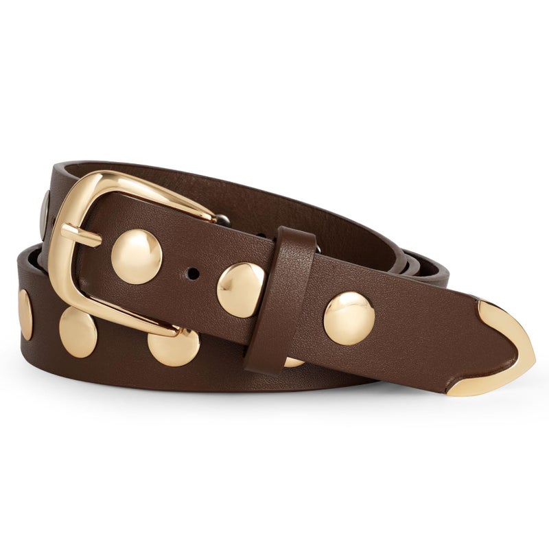 WERFORU Women Fashion Leather Belt Studded Leather Belt Ladies Belts for Jeans Dress Punk Belt,Coffee,25"-30" Waist Adjustable- - Image 1