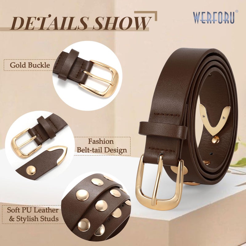 WERFORU Women Fashion Leather Belt Studded Leather Belt Ladies Belts for Jeans Dress Punk Belt,Coffee,25"-30" Waist Adjustable- - Image 5