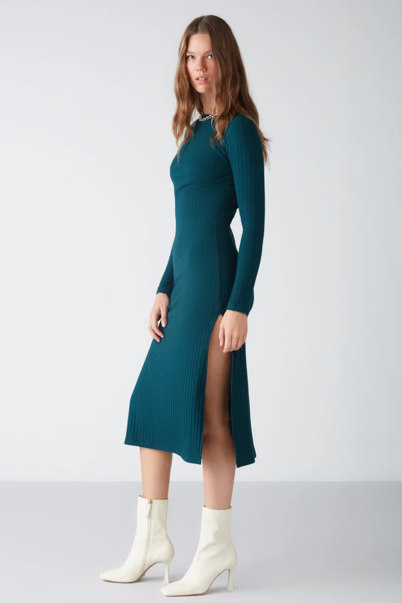 GRIMELANGE Orla Women's Flexible Ribbed Flowy Fabric Side Slit Maxi Petrol Green Dress