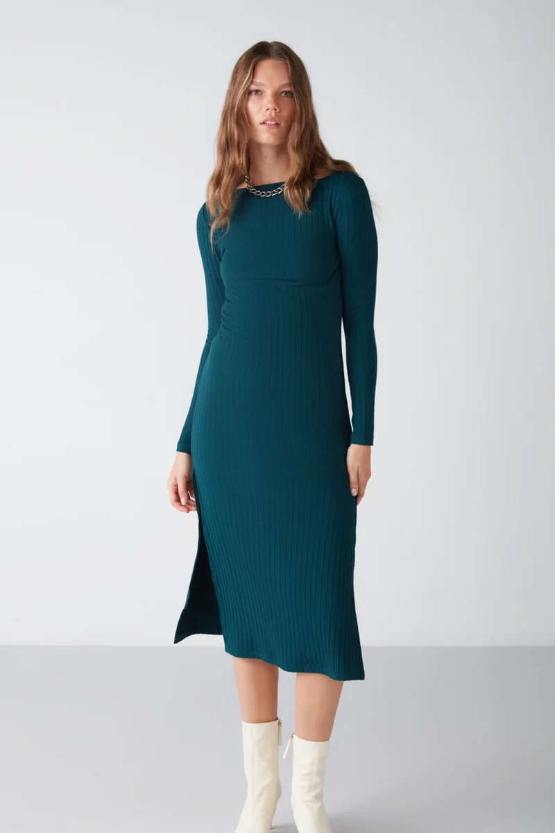 GRIMELANGE Orla Women's Flexible Ribbed Flowy Fabric Side Slit Maxi Petrol Green Dress