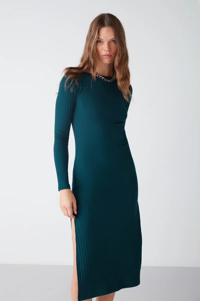 GRIMELANGE Orla Women's Flexible Ribbed Flowy Fabric Side Slit Maxi Petrol Green Dress