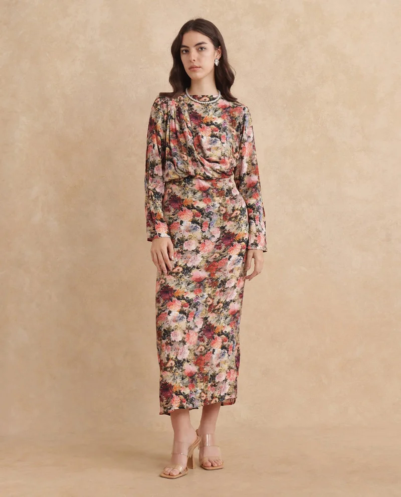 Rareism Women's Printed Cowl Neck Dress