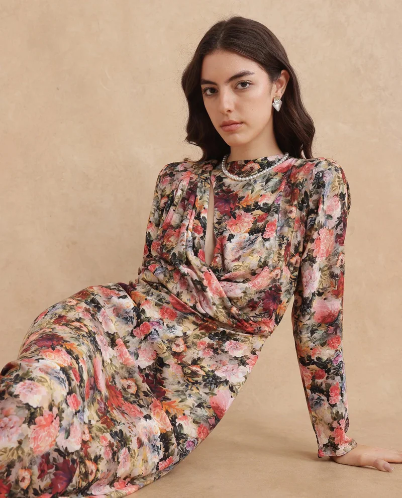 Rareism Women's Printed Cowl Neck Dress