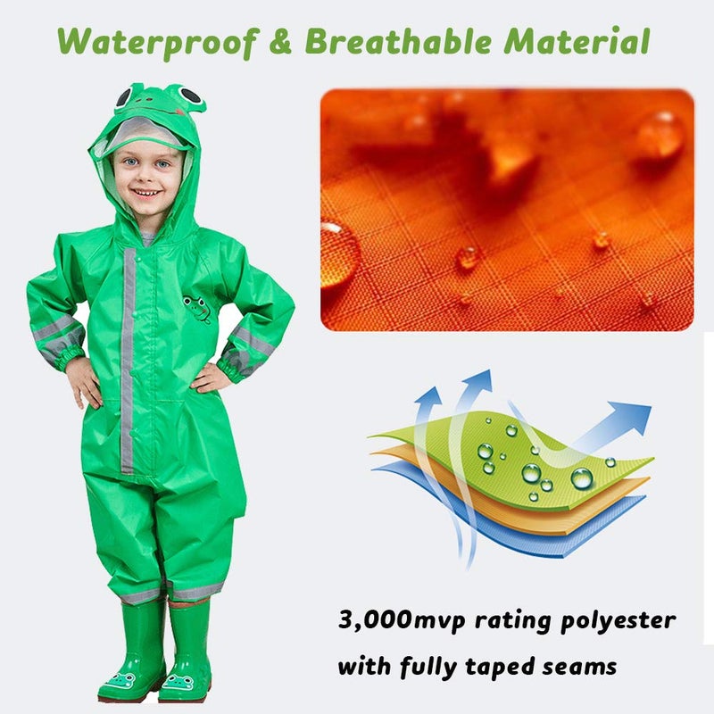 SSAWcasa Toddler Rain Suit,Waterproof Girls Boys Raincoat,Kids Rain Poncho,Unisex Baby Rain Gear Jacket Rainsuit Coverall (L, Green Frog) - Image 3