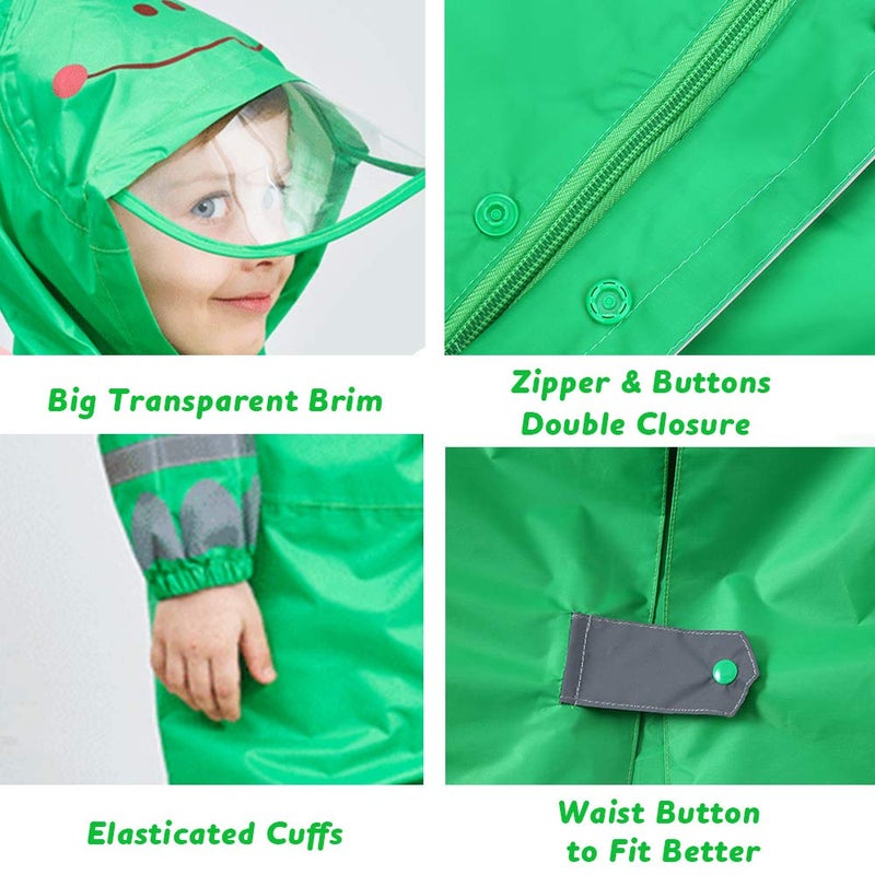 SSAWcasa Toddler Rain Suit,Waterproof Girls Boys Raincoat,Kids Rain Poncho,Unisex Baby Rain Gear Jacket Rainsuit Coverall (L, Green Frog) - Image 4