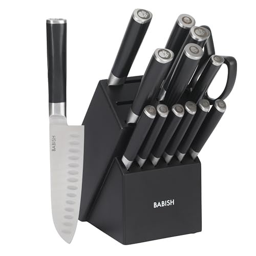 Babish High-Carbon 1.4116 German Steel 15 Piece Full Tang Forged Cutlery Kitchen Knife Block Set - Black - Image 1
