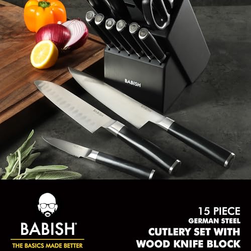 Babish High-Carbon 1.4116 German Steel 15 Piece Full Tang Forged Cutlery Kitchen Knife Block Set - Black - Image 2