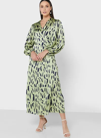 GLAMOROUS Surplice Puff Sleeve Printed Dress