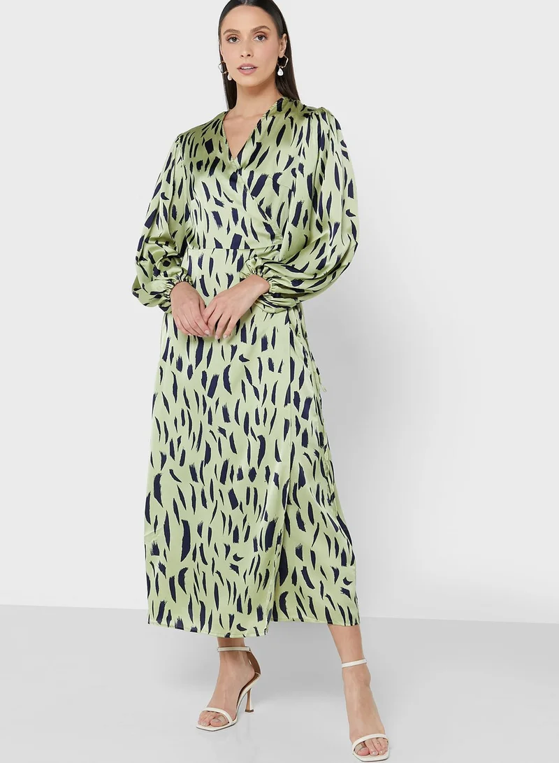 GLAMOROUS Surplice Puff Sleeve Printed Dress