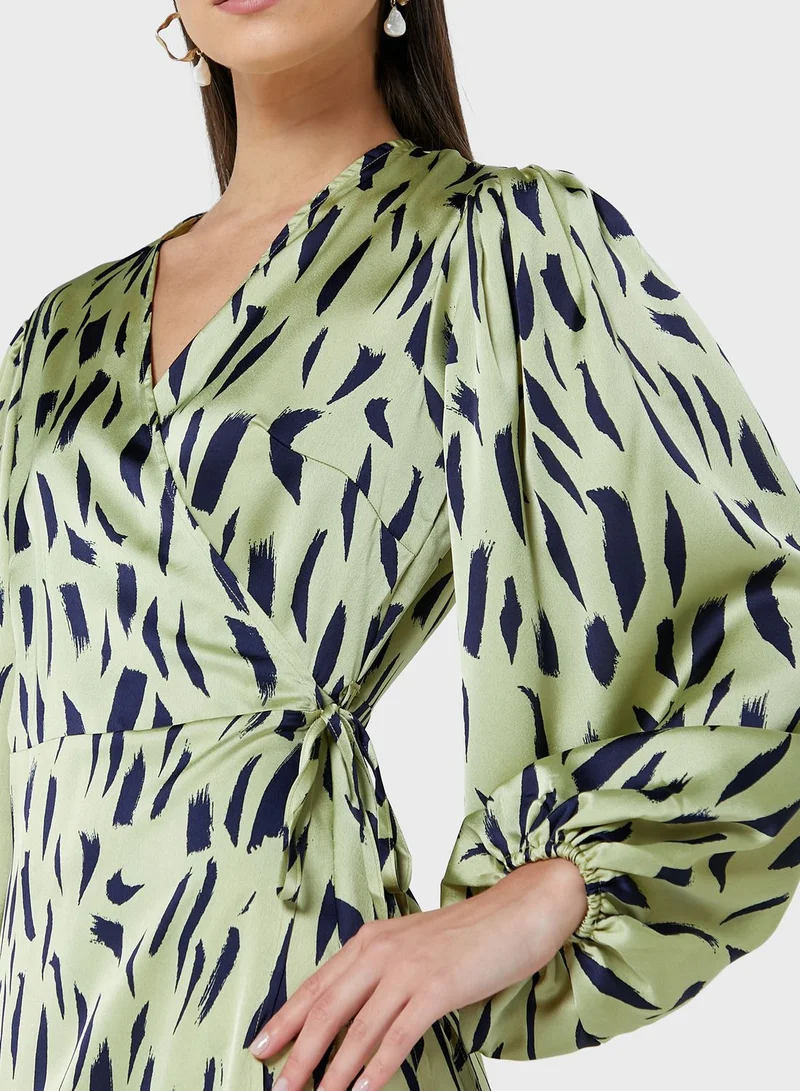 GLAMOROUS Surplice Puff Sleeve Printed Dress