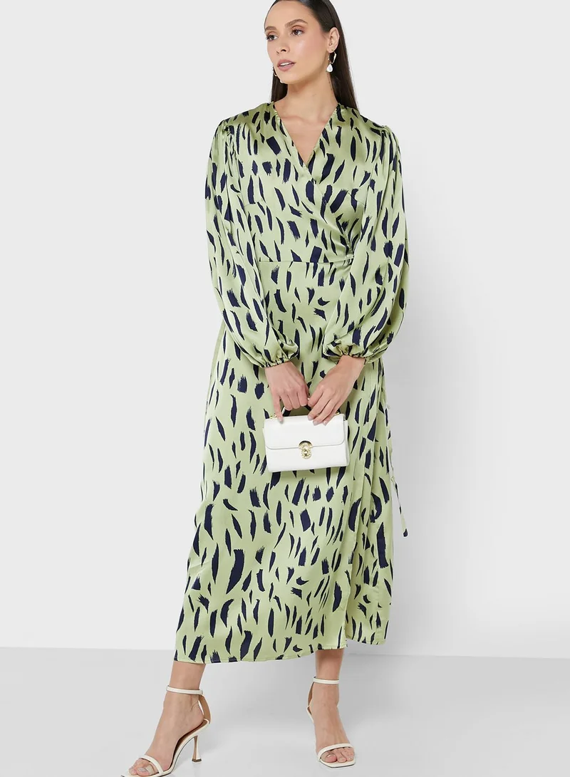 GLAMOROUS Surplice Puff Sleeve Printed Dress