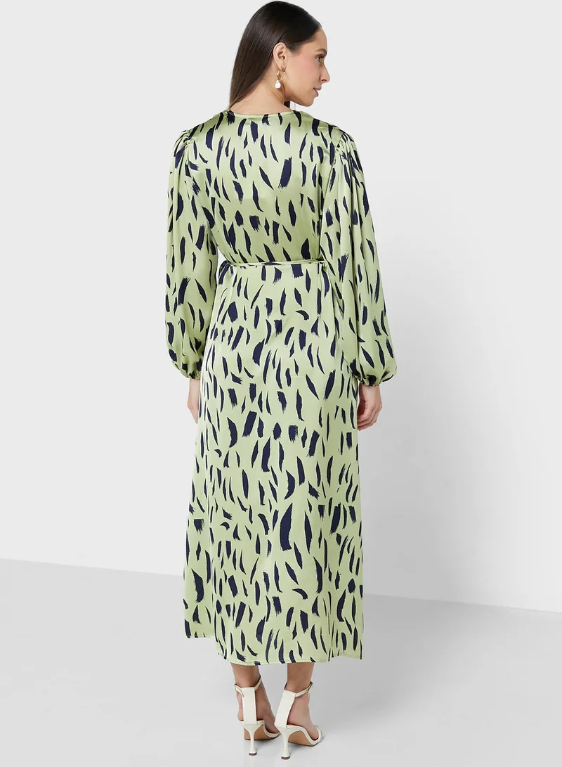 GLAMOROUS Surplice Puff Sleeve Printed Dress