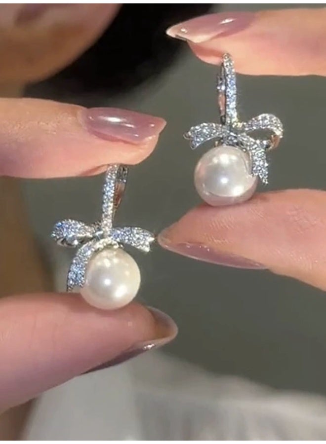 Bowknot Pearl Drop Earrings for Women, 925 Silver Hypoallergenic Posts with Cubic Zirconia, Lightweight Elegant Daily Wear Jewelry - Image 2