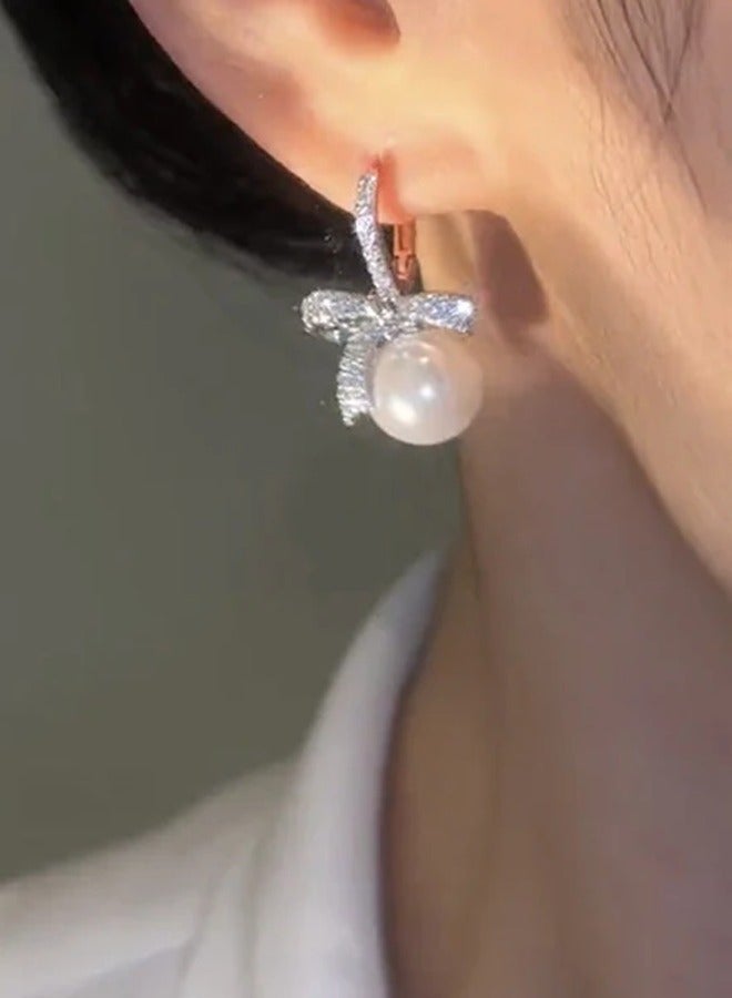 Bowknot Pearl Drop Earrings for Women, 925 Silver Hypoallergenic Posts with Cubic Zirconia, Lightweight Elegant Daily Wear Jewelry - Image 1