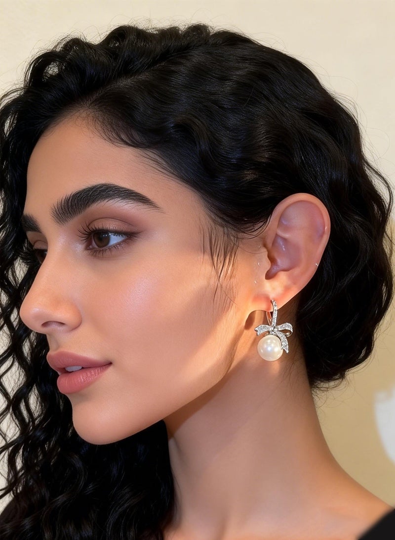 Bowknot Pearl Drop Earrings for Women, 925 Silver Posts Hypoallergenic, Perfect Gift for Ladies Ideal for Daily Wear and Special Occasions - Image 2