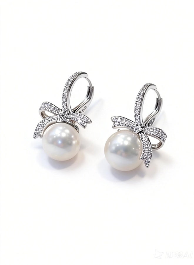 DAEVO Silver Plated Zircon Bow-Knot Pearl Drop Earrings for Women - Image 1