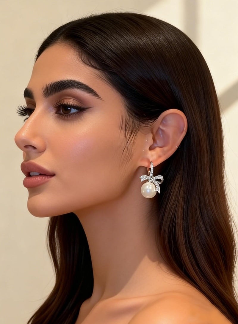DAEVO Silver Plated Zircon Bow-Knot Pearl Drop Earrings for Women - Image 5