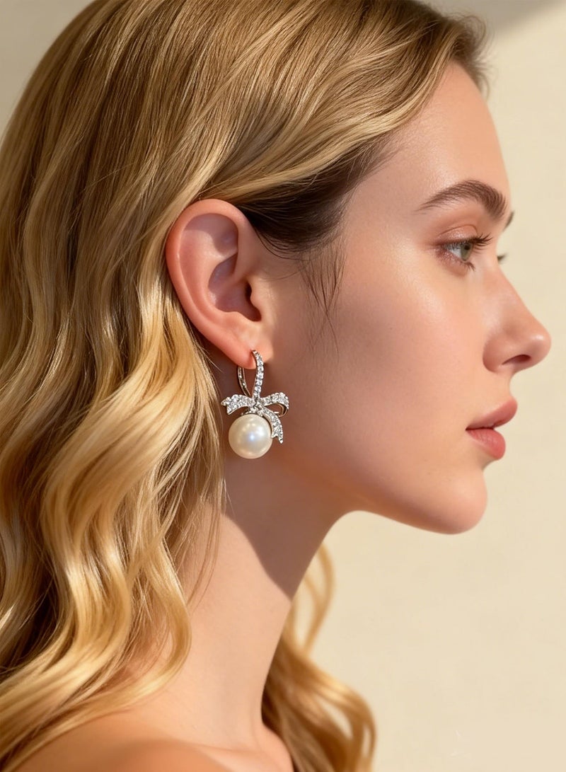 DAEVO Silver Plated Zircon Bow-Knot Pearl Drop Earrings for Women - Image 4