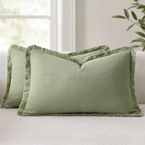 ANRODUO Set of 2 Decorative Throw Pillow Covers 12×20 Inch Soft Lumbar Linen Fringe Farmhouse Boho Vintage Cushion Covers with Tassels Accent Pillowcase for Couch Sofa Bed Living Room Decor Sage Green - Image 1