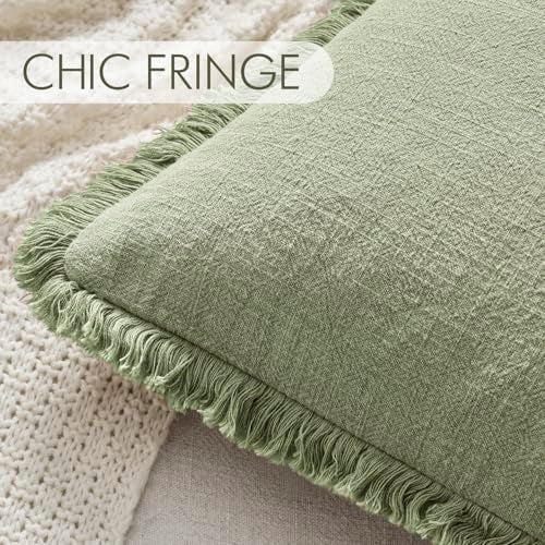 ANRODUO Set of 2 Decorative Throw Pillow Covers 12×20 Inch Soft Lumbar Linen Fringe Farmhouse Boho Vintage Cushion Covers with Tassels Accent Pillowcase for Couch Sofa Bed Living Room Decor Sage Green - Image 3