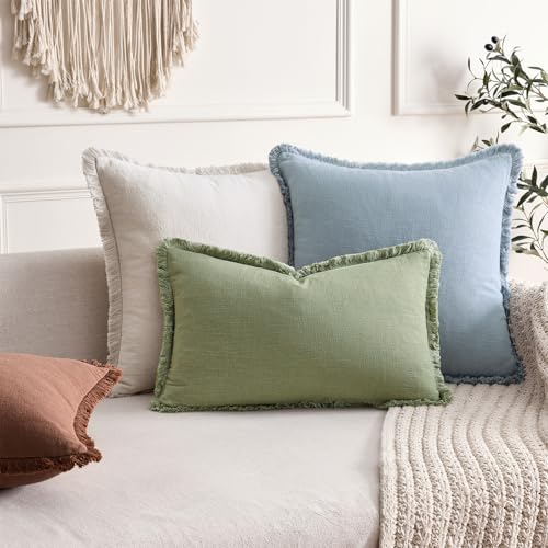 ANRODUO Set of 2 Decorative Throw Pillow Covers 12×20 Inch Soft Lumbar Linen Fringe Farmhouse Boho Vintage Cushion Covers with Tassels Accent Pillowcase for Couch Sofa Bed Living Room Decor Sage Green - Image 5