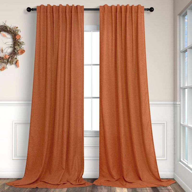 Pitalk Burnt Orange Curtains 108 Inches Long for Living Room Dining 2 Panels Back Tab Pocket Drape Light Filtering Semi Sheer Linen Curtains for Bedroom Patio Door Autumn Neutral Earth Tone Decor Rust 52x108 - Image 1