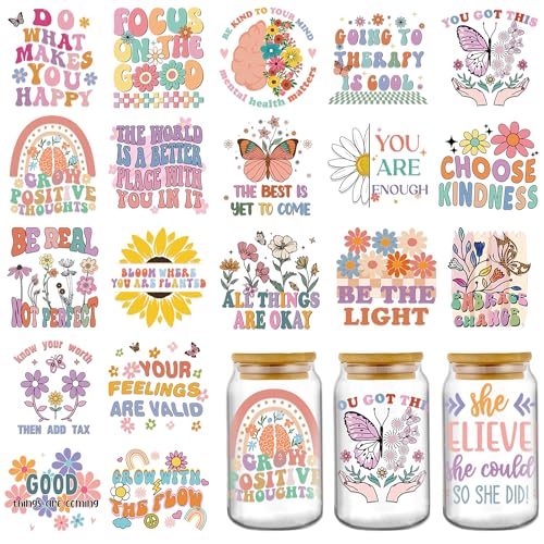 AFRITEE UV DTF Cup Wraps - 20 Sheets Boho Mental Health UV DTF Cup Wraps for 16 oz Glass, Daily Affirmation Inspiration Uplifting Quotes Uvdtf Tranfer Stickers for Glass Cups Teen Therapist Gifts - Image 1