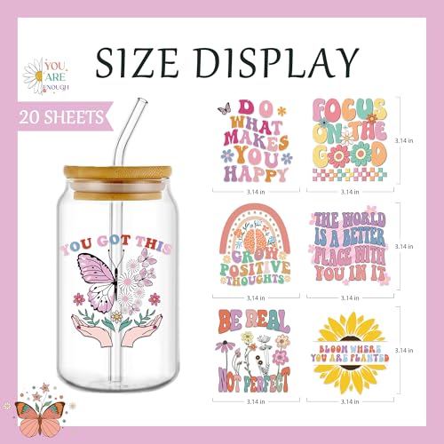 AFRITEE UV DTF Cup Wraps - 20 Sheets Boho Mental Health UV DTF Cup Wraps for 16 oz Glass, Daily Affirmation Inspiration Uplifting Quotes Uvdtf Tranfer Stickers for Glass Cups Teen Therapist Gifts - Image 3