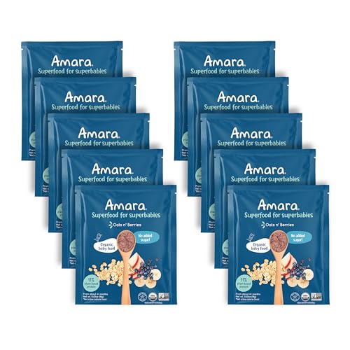 Amara Organic Baby Food | Oats and Berries | Baby Cereal to Mix With Breastmilk, Water, or Baby Formula | Baby Food Pouches, Made from Organic Fruit and Veggies | Stage 2 | 10 Pouches - Image 1