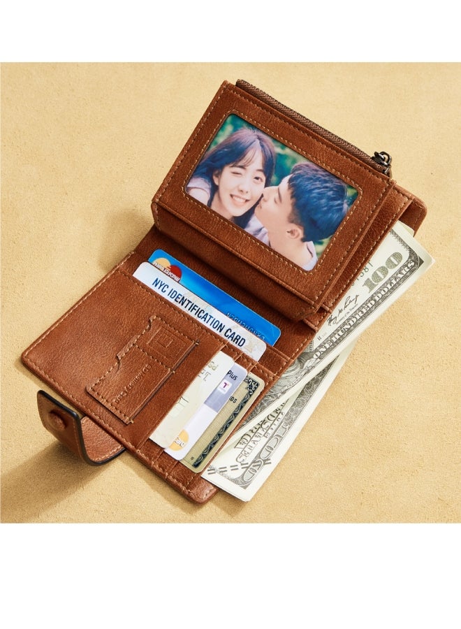 دانتي محفظة رجالية من جلد البقر بسحاب للعملات المعدنية مع فتحات متعددة للبطاقات، بني أصفر (فرشاة مضادة للسرقة) - Image 2