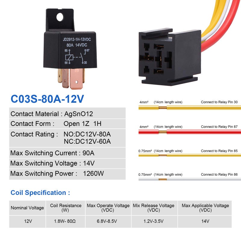 Ehdis [5pcs] Heavy Duty Truck Engine 4 Pin 80A 12V On/Off Normally Open Relay SPST Plug 4 Wire Waterproof - Image 2