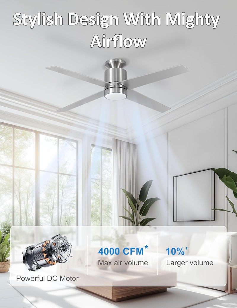 Ohniyou Ceiling Fans with Lights Flush Mount, 52 Inch Low Profile Ceiling Fan with Light, 4 Blades, 6 Speeds, Ceiling Fans with Lights and Remote for Bedroom Living Room Indoor (Nickel) - Image 2