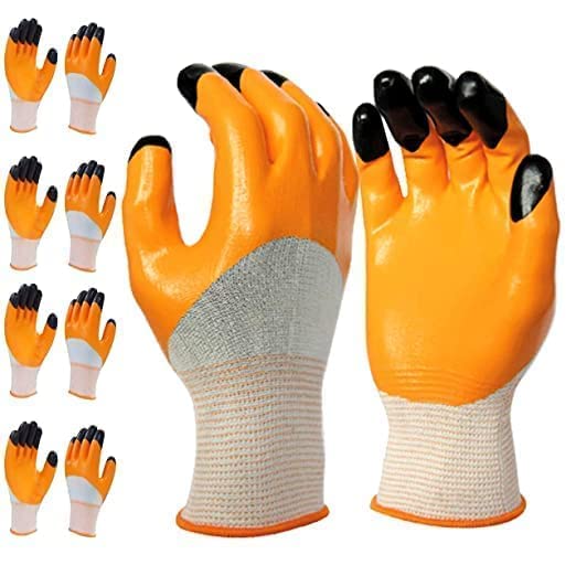 SAINTIMO Heavy Duty Reusable Hand Gloves for Garden Agriculture Industrial Farming work Men Women Pack of 4 Pairs Orange Nitrile Nylon Vinyl
