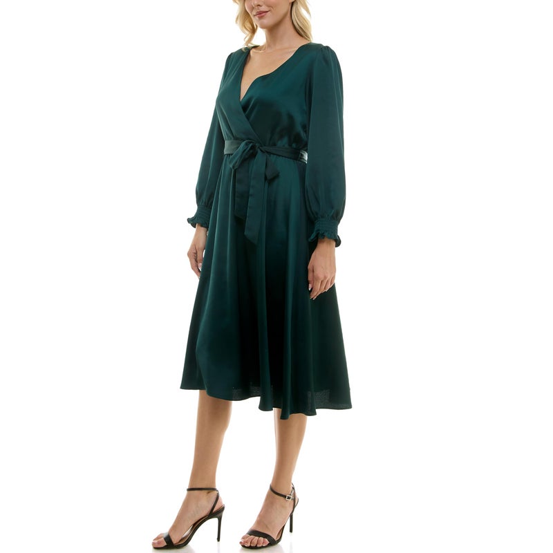 Taylor Women's Long Sleeve Satin Faux Wrap Midi Dress with Sash, Dark Emerald - Image 2