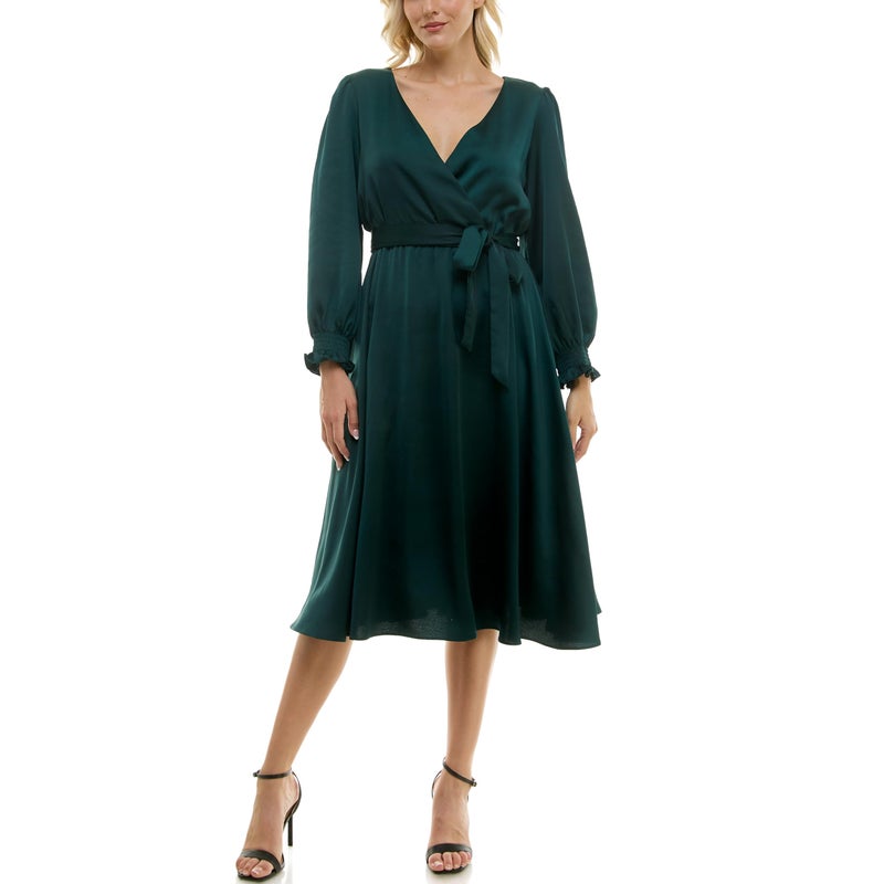 Taylor Women's Long Sleeve Satin Faux Wrap Midi Dress with Sash, Dark Emerald - Image 1