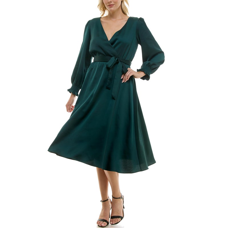 Taylor Women's Long Sleeve Satin Faux Wrap Midi Dress with Sash, Dark Emerald - Image 3