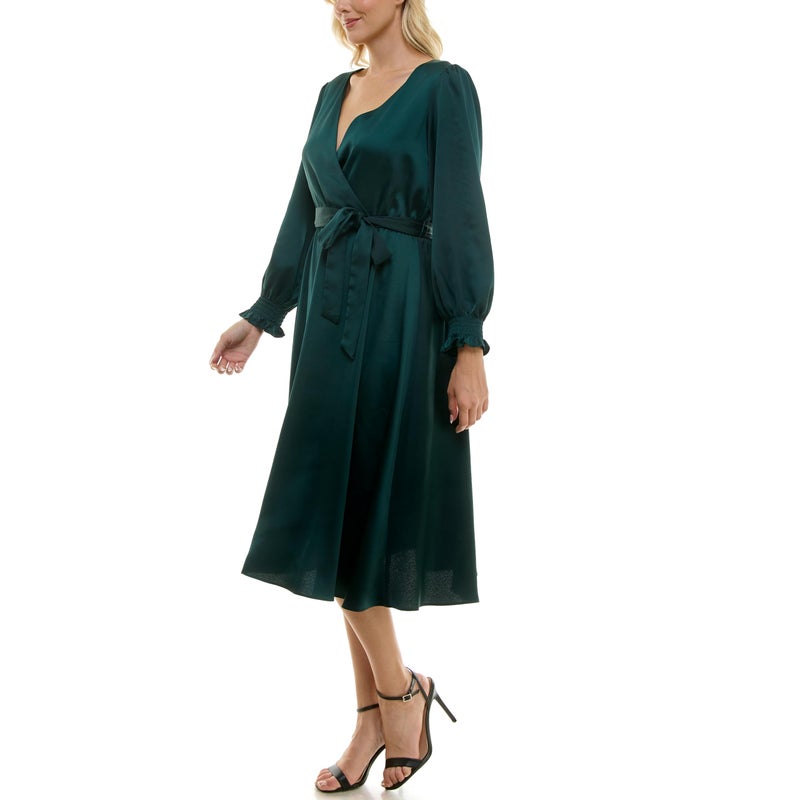 Taylor Women's Long Sleeve Satin Faux Wrap Midi Dress with Sash, Dark Emerald - Image 4