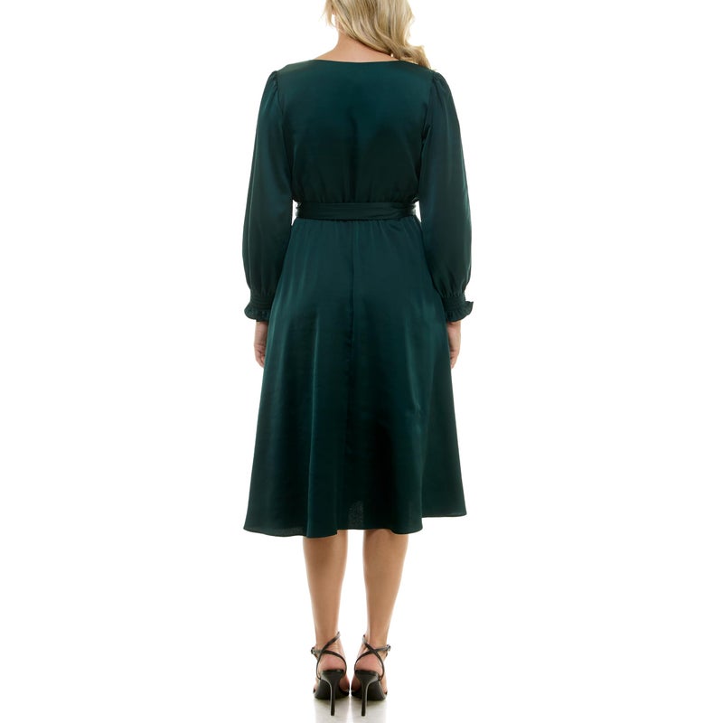Taylor Women's Long Sleeve Satin Faux Wrap Midi Dress with Sash, Dark Emerald - Image 5