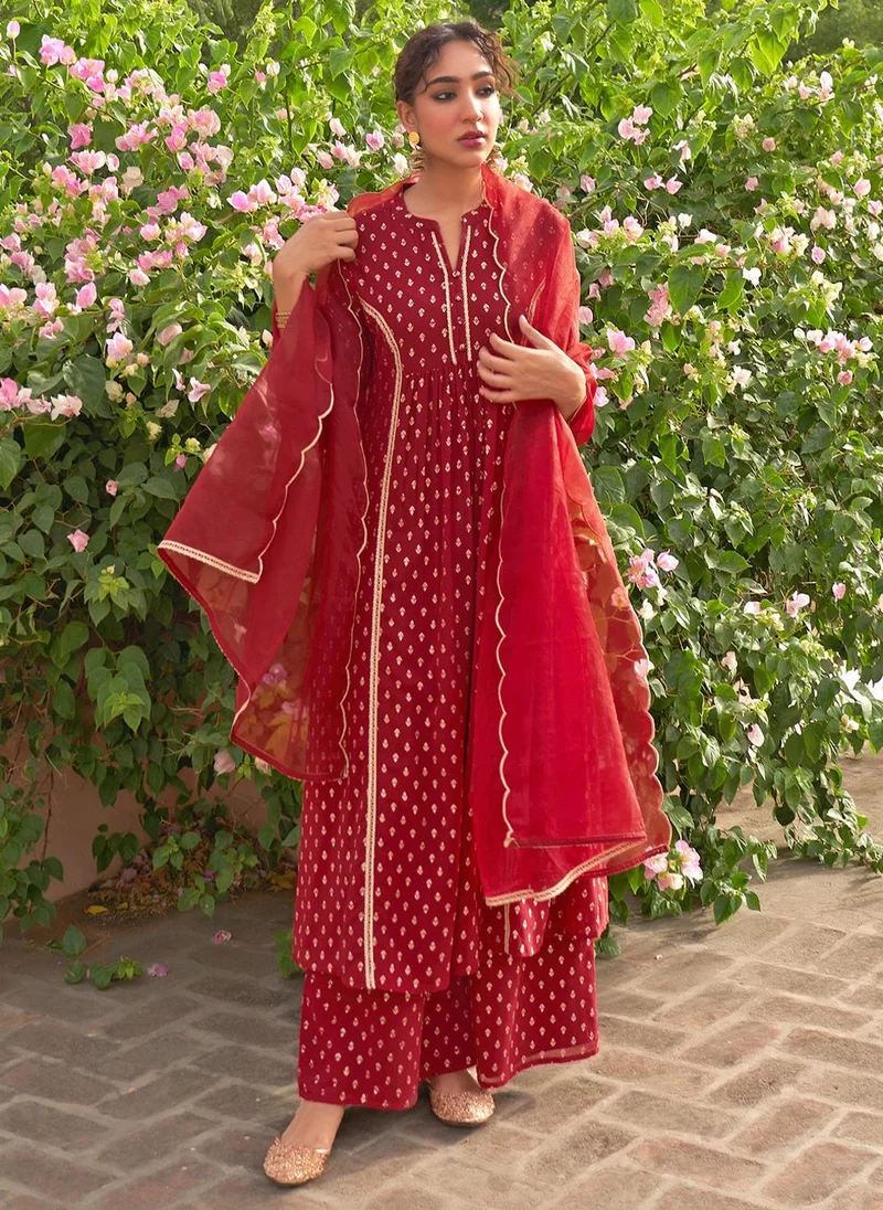 ZERESOUQ Maroon Georgette Foil Motif Printed 3-Piece Kurta Set