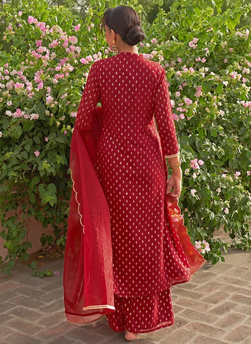 ZERESOUQ Maroon Georgette Foil Motif Printed 3-Piece Kurta Set