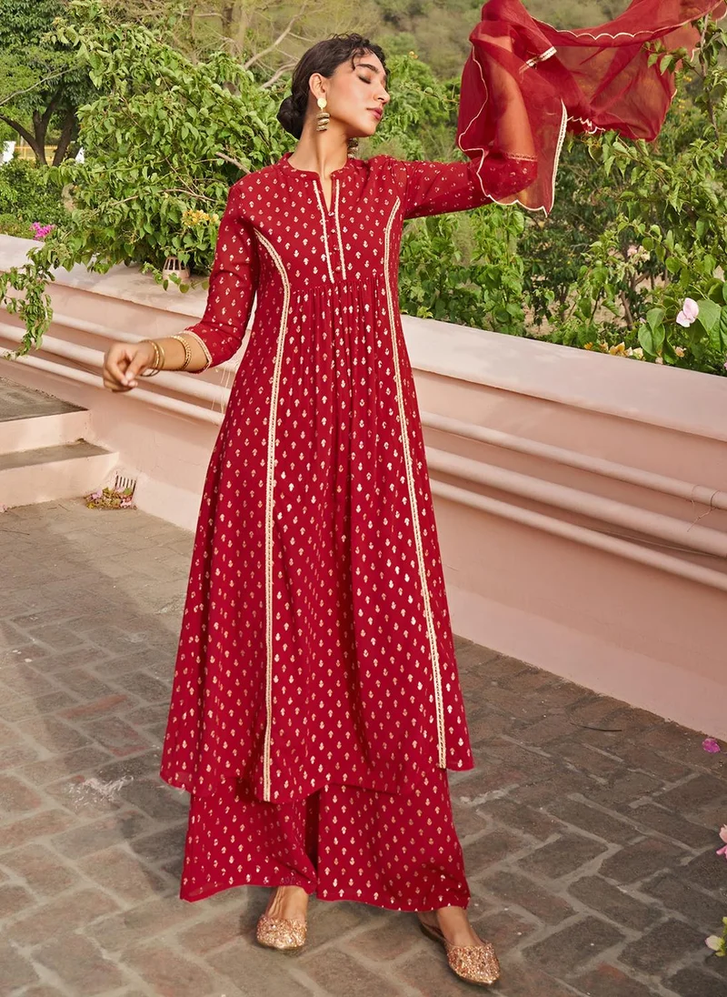 ZERESOUQ Maroon Georgette Foil Motif Printed 3-Piece Kurta Set