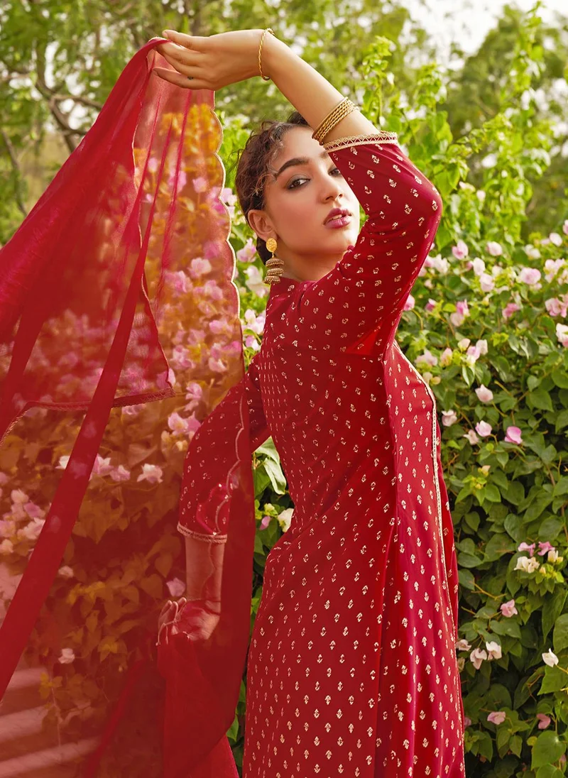 ZERESOUQ Maroon Georgette Foil Motif Printed 3-Piece Kurta Set